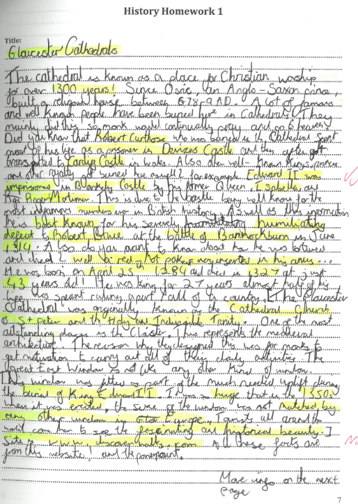 Example of a pupil's work from a Gloucester secondary school