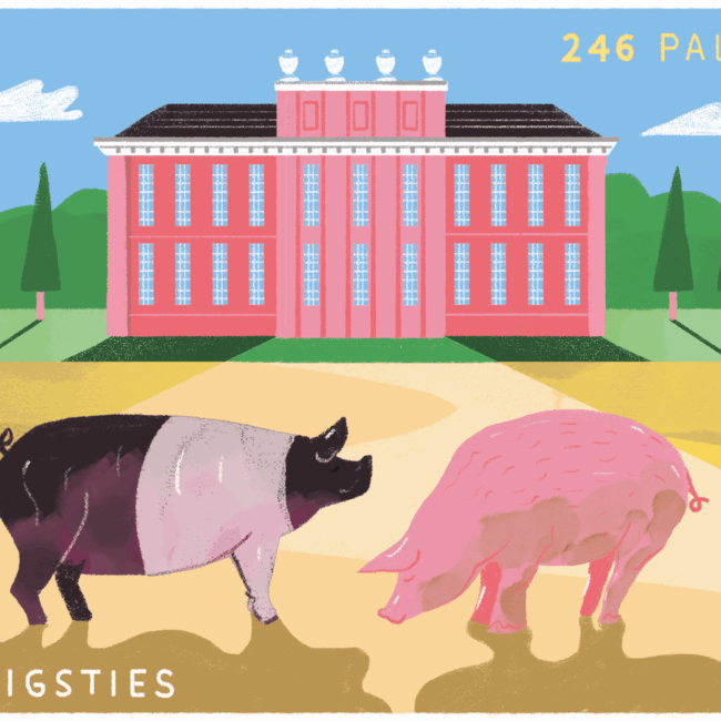 A cartoon drawing of a palace, with two pigs in the foreground