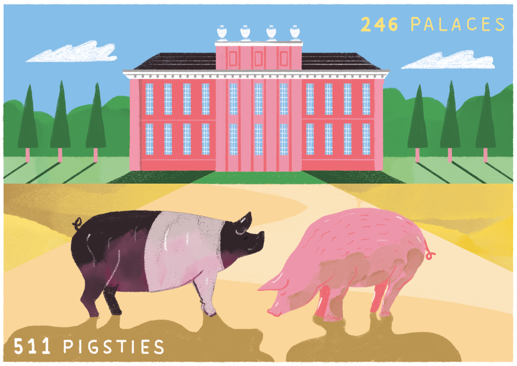 A cartoon drawing of a palace, with two pigs in the foreground